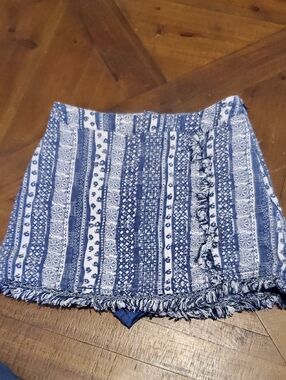 Flying Tomato Blue and White Patterned Fringe Skort